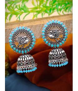 Oxidized Silver Sky Blue Kundan Peacock Jhumka Earrings RAE0761