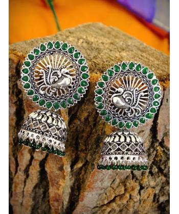 Oxidized Silver Green Kundan Peacock Jhumka Earrings RAE0762
