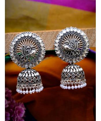 Oxidized Silver Kundan Peacock Jhumka Earrings RAE0763