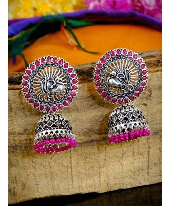 Oxidized Silver Pink Kundan Peacock Jhumka Earrings RAE0764