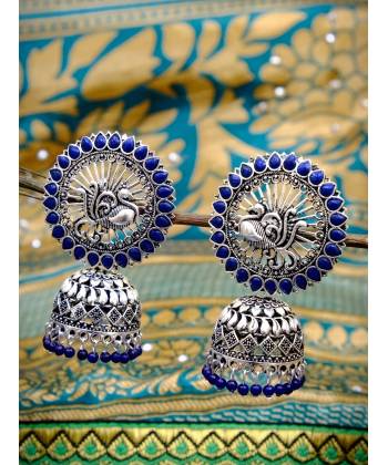 Oxidized Silver Royal Blue Kundan Peacock Jhumka Earrings RAE0765