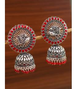 Oxidized Silver Red Kundan Peacock Jhumka Earrings RAE0767