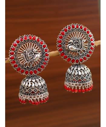 Oxidized Silver Red Kundan Peacock Jhumka Earrings RAE0767