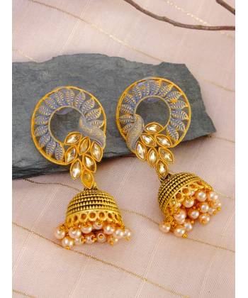 Gold-Plated Round Croown Kundan Earrings With Pearls RAE0778