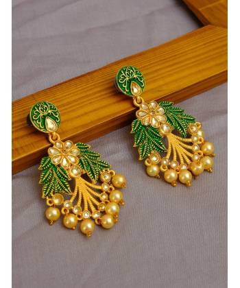 Designer Studded Gold plated Leaves Style kundan Earrings With Pearls RAE0781