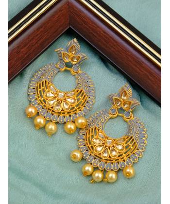 Gold plated Kundan Round Floral Grey Earrings With Pearls RAE0783