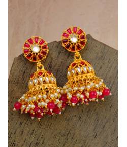 Gold plated Traditional Jhumka Earrings Temple Style With Red & White Pearls RAE0788