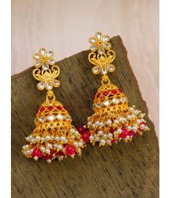 Gold plated Traditional Jhumka Earrings Temple Style With Red & White Pearls RAE0789