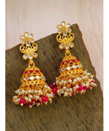 Gold plated Traditional Jhumka Earrings Temple Style With Red & White Pearls RAE0789