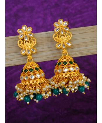 Gold plated Traditional Jhumka Earrings Temple Style With Blue & White Pearls RAE0790
