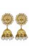 Gold-Plated Kundan Studded Floral Patterned Meenakari Jhumka Earrings in White Color with Pearls RAE0792