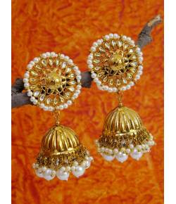 Gold-Plated Kundan Studded Floral Patterned Meenakari Jhumka Earrings in White Color with Pearls RAE0792