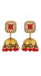Gold-Plated Kundan Studded Floral Patterned Meenakari Jhumka Earrings in Red Color with Pearls RAE0793