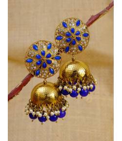 Gold-Plated Kundan Studded Floral Patterned Meenakari Jhumka Earrings in Blue Color with Pearls RAE0794
