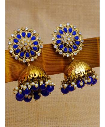 Gold-Plated Kundan Studded Floral Patterned Meenakari Jhumka Earrings in Blue Color with Pearls RAE0795