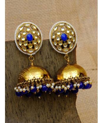 Gold-Plated Kundan Studded Floral Patterned Meenakari Jhumka Earrings in Blue Color with Pearls  RAE0796
