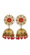 Gold Plated Kundan Studded Floral Patterned Meenakari Jhumka Earrings Red with Pearls RAE0797