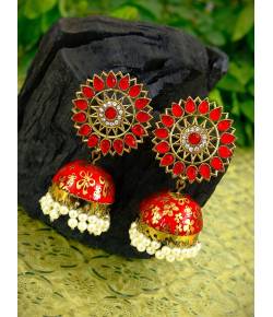 Traditional Gold Plated Red Floral Jhumka Earring RAE0798