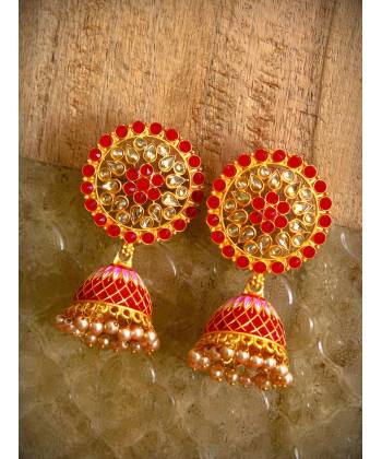 Traditional Gold Plated Red Floral Kundan Earring RAE0801
