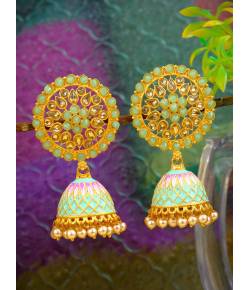 Indian Traditional Gold Plated Sea Green Floral Kundan Jhumka Earring RAE0803
