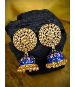 Gold Plated Blue Round  Kundan Jhumka Earring RAE0805