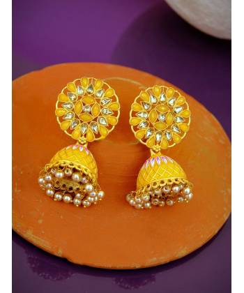Indian Traditional Gold Plated Yellow Floral Kundan Jhumka Earring RAE0806