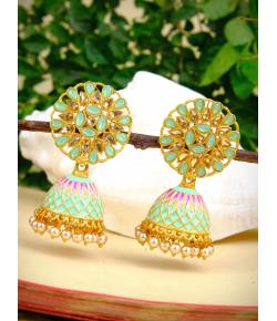 Indian Traditional Gold Plated Sea Green Floral Kundan Jhumka Earring RAE0807
