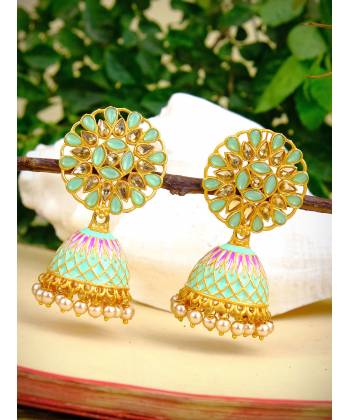 Indian Traditional Gold Plated Sea Green Floral Kundan Jhumka Earring RAE0807