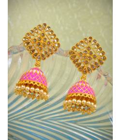 Gold Plated  Meenakari Pink Kundan Jhumka Earrings RAE0809