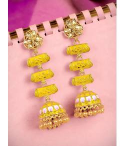 Long Gold Plated Traditional Three step Yellow  Layered Kundan Jhumka Earrings RAE0810