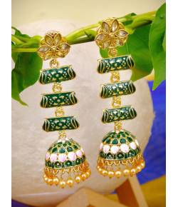 Long Gold Plated Traditional Three step Green  Layered Kundan Jhumka Earring RAE0811