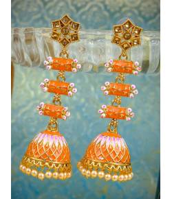 Traditional Orange Gold plated Kundan Jhumka Style Layered Earring RAE0812