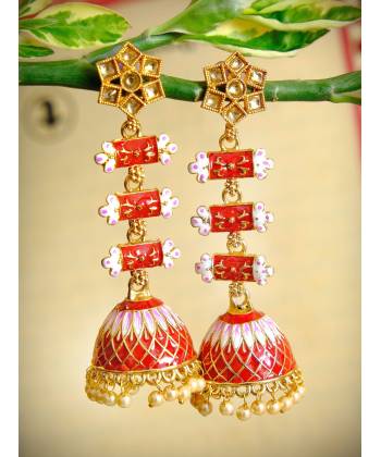 Long Gold Plated Traditional Three step Red  Layered Kundan Jhumka Earring RAE0813