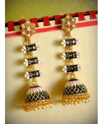 Long Gold Plated Traditional Three step Black  Layered Kundan Jhumka Earring RAE0814