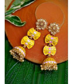 Long Gold Plated Traditional Double Step Yellow  Layered Kundan Jhumka Earring RAE0815