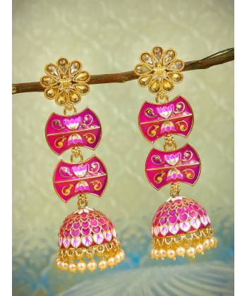 Long Gold Plated Traditional Double Step Pink Layered Kundan Jhumka Earring RAE0816