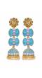 Long Gold Plated Traditional Double Step Sky Blue  Layered Kundan Jhumka Earring RAE0817