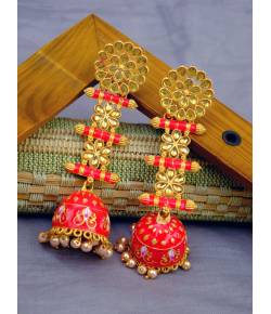 Long Gold Plated Traditional Three step Red Layered Kundan Jhumka Earrings RAE0819