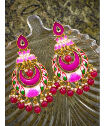 Traditional Lotus Pink & White Chandbali Dangler Earrings RAE0820
