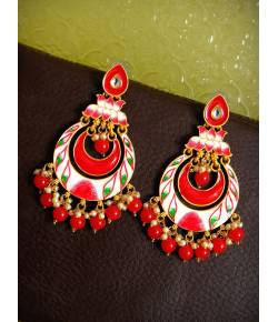 Traditional Lotus Red & White Chandbali Dangler Earrings RAE0821
