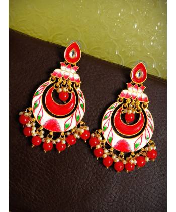 Traditional Lotus Red & White Chandbali Dangler Earrings RAE0821