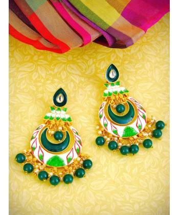 Traditional Lotus Green & White Chandbali Dangler Earrings RAE0822