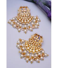 Gold Plated Traditional White Pearl Designer Kundan Chandbali Earring RAE0831
