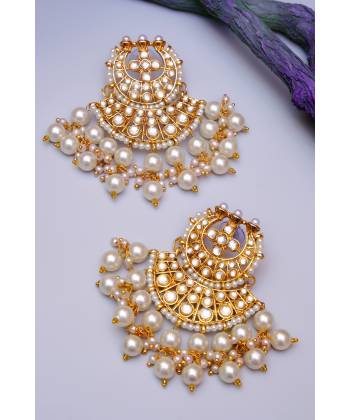 Gold Plated Traditional White Pearl Designer Kundan Chandbali Earring RAE0831