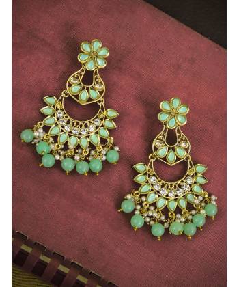Gold Plated Long Floral Light Green Pearl & Stone Chandbali Earrings RAE0837