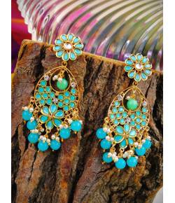 Gold Plated Long Floral Skyblue Pearl & Stone Earrings RAE0841