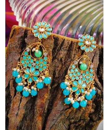 Gold Plated Long Floral Skyblue Pearl & Stone Earrings RAE0841