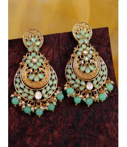 Traditional Gold -Plated Foral Green  Kundan Earring RAE0844