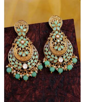 Traditional Gold -Plated Foral Green  Kundan Earring RAE0844