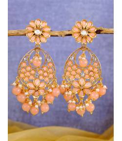Kundan Floral Gold-Plated Long Earrings With Pink Pearls RAE0847